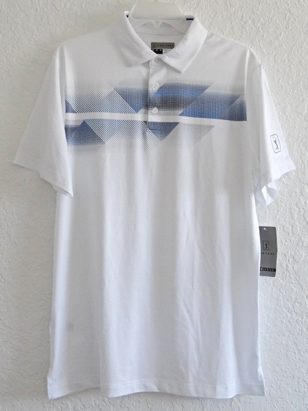 New PGA TOUR Men's M Golf Polo Shirt White With Blue Geo Print 40 UPF